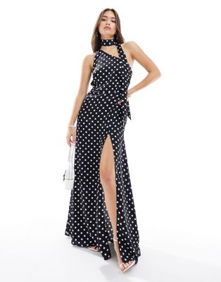 Style Cheat one shoulder satin maxi dress with neck tie in mono spot