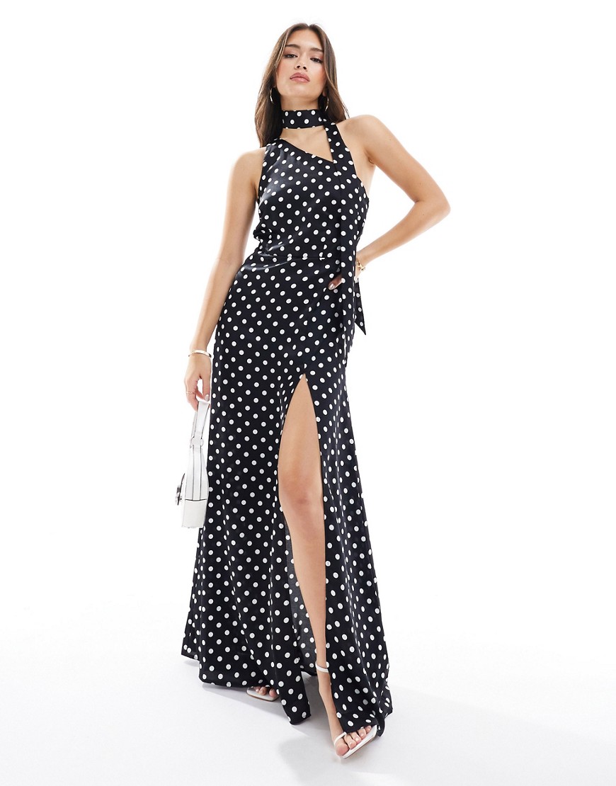 Style Cheat one shoulder satin maxi dress with neck tie in mono spot-Multi