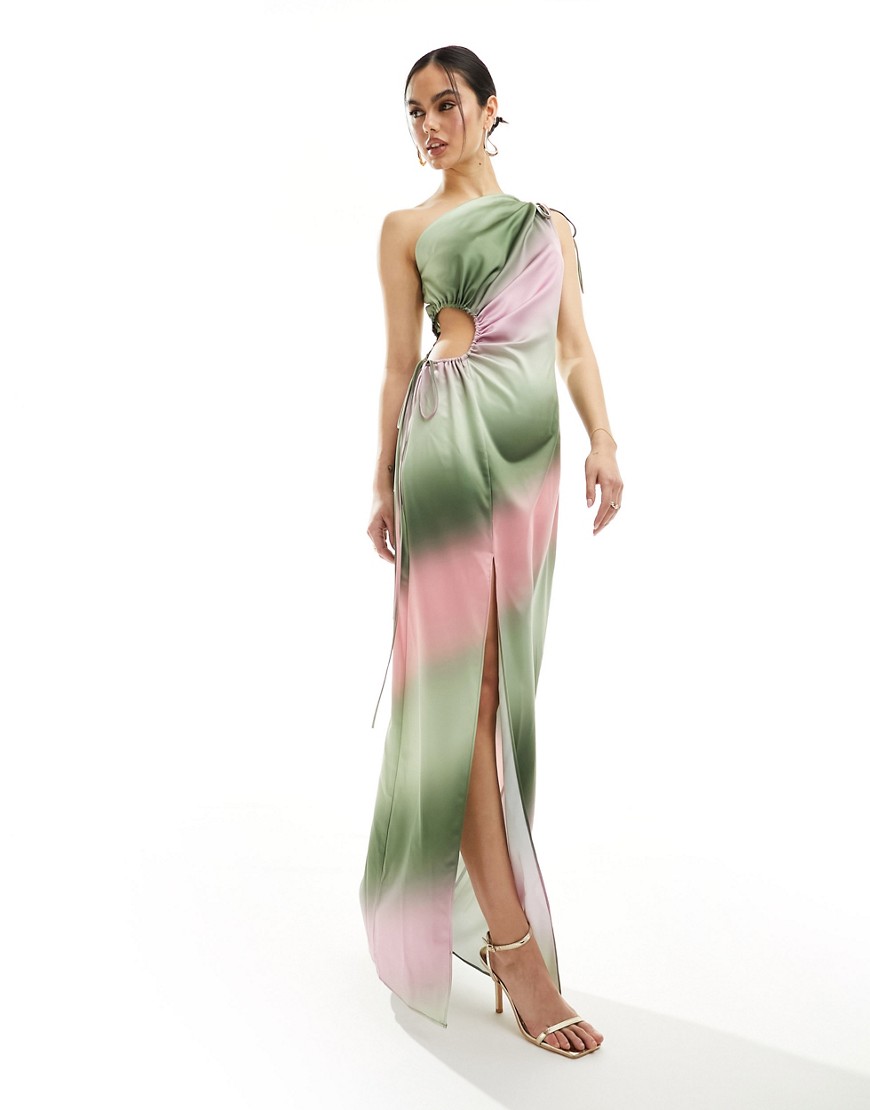 one shoulder satin midaxi dress in ombre effect-Multi