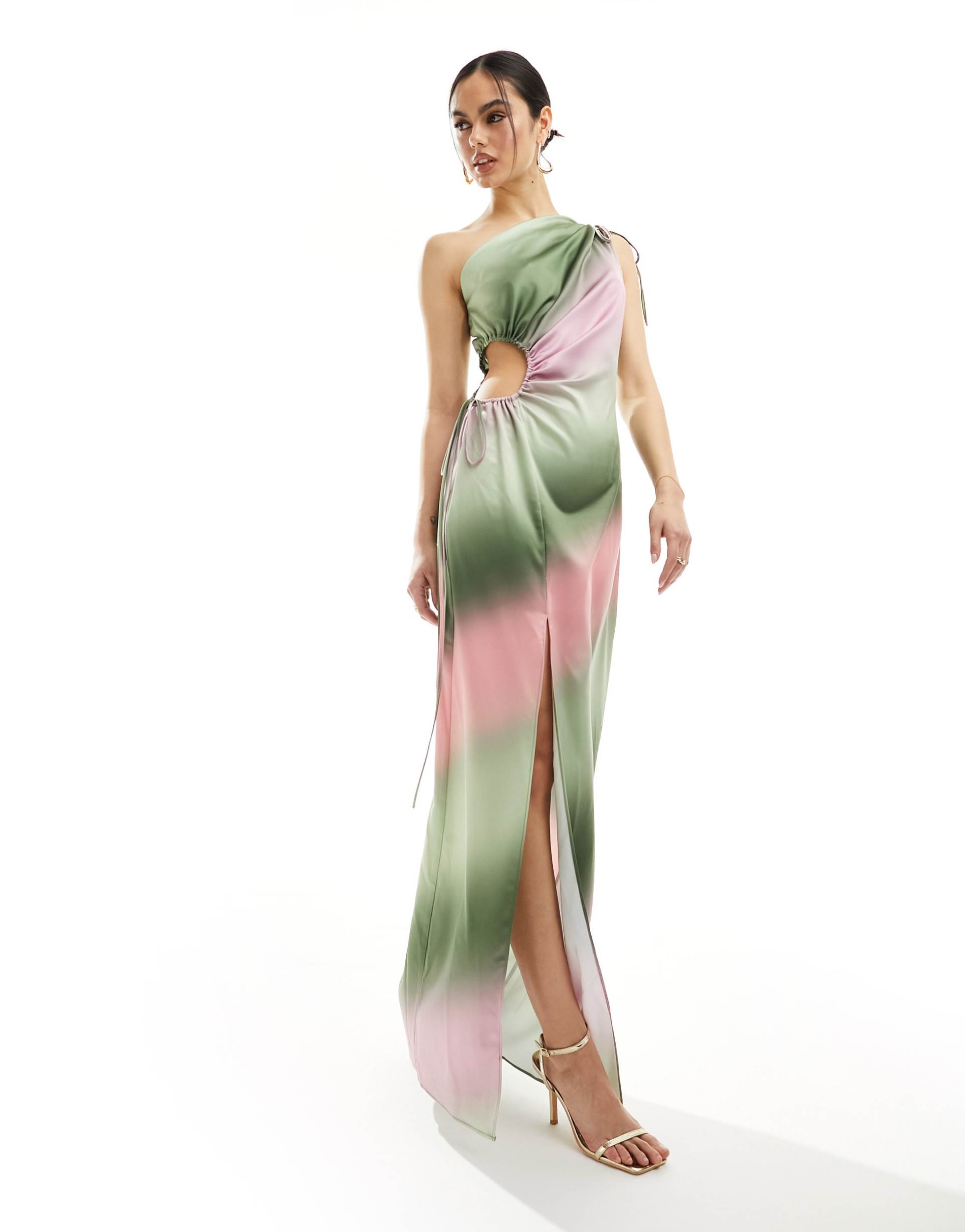 style cheat one shoulder satin midaxi dress in ombre effect