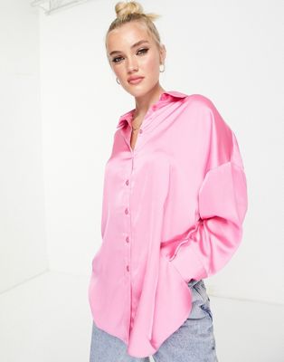 Style Cheat oversized satin shirt co-ord in pink