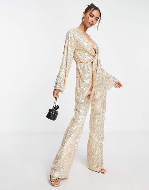 Style Cheat Pailletten Jumpsuit in Gold mit Binde Design vorne ASOS