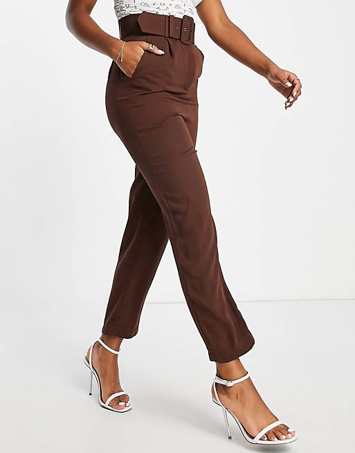 Style Cheat - Pantaloni sartoriali a vita alta color cioccolato con fibbia