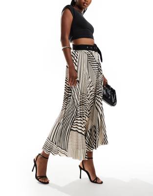 pleated midi skirt with belt in geo print-Multi