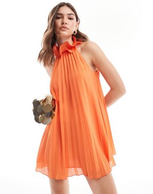 pleated mini dress with neck detail in orange