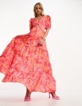 Flounce London long sleeve maxi dress in pink and orange ombre