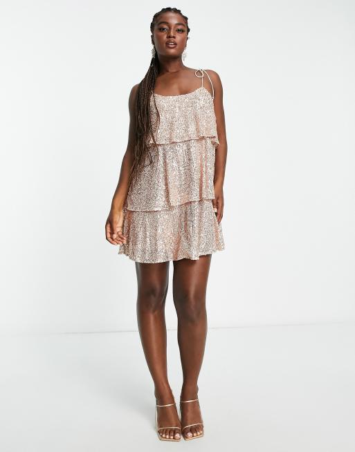Style Cheat - Robe courte à volants et sequins - Champagne, 3 de 4