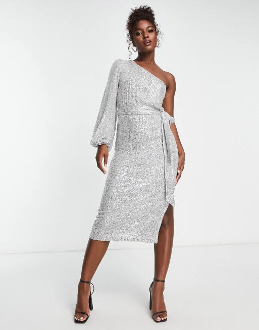 Style Cheat Robe mi longue asymetrique a sequins Argente ASOS