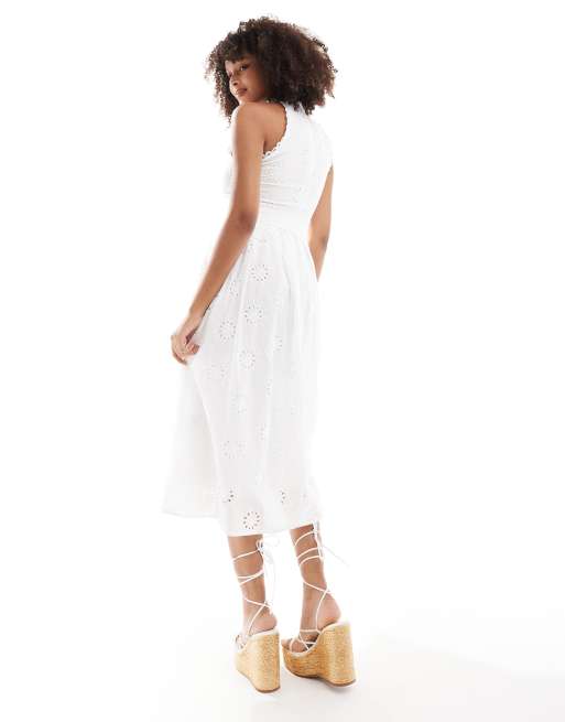 Robe Bébé Ou Poupée Blanche En Dentelle Avec Broderie Bleue - Taille 52 Cm - Neuf Et Délicat