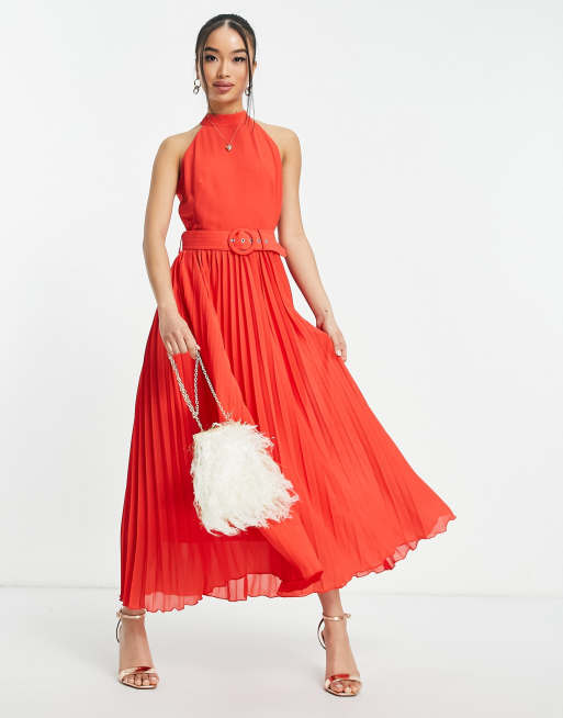 Style Cheat - Robe plissée longueur mollet à col montant - Rouge