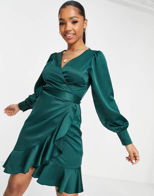 Style Cheat - Robe portefeuille courte en satin - Émeraude