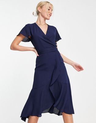 Style Cheat - Robe portefeuille mi-longue à volants et lien noué - Bleu marine | ASOS