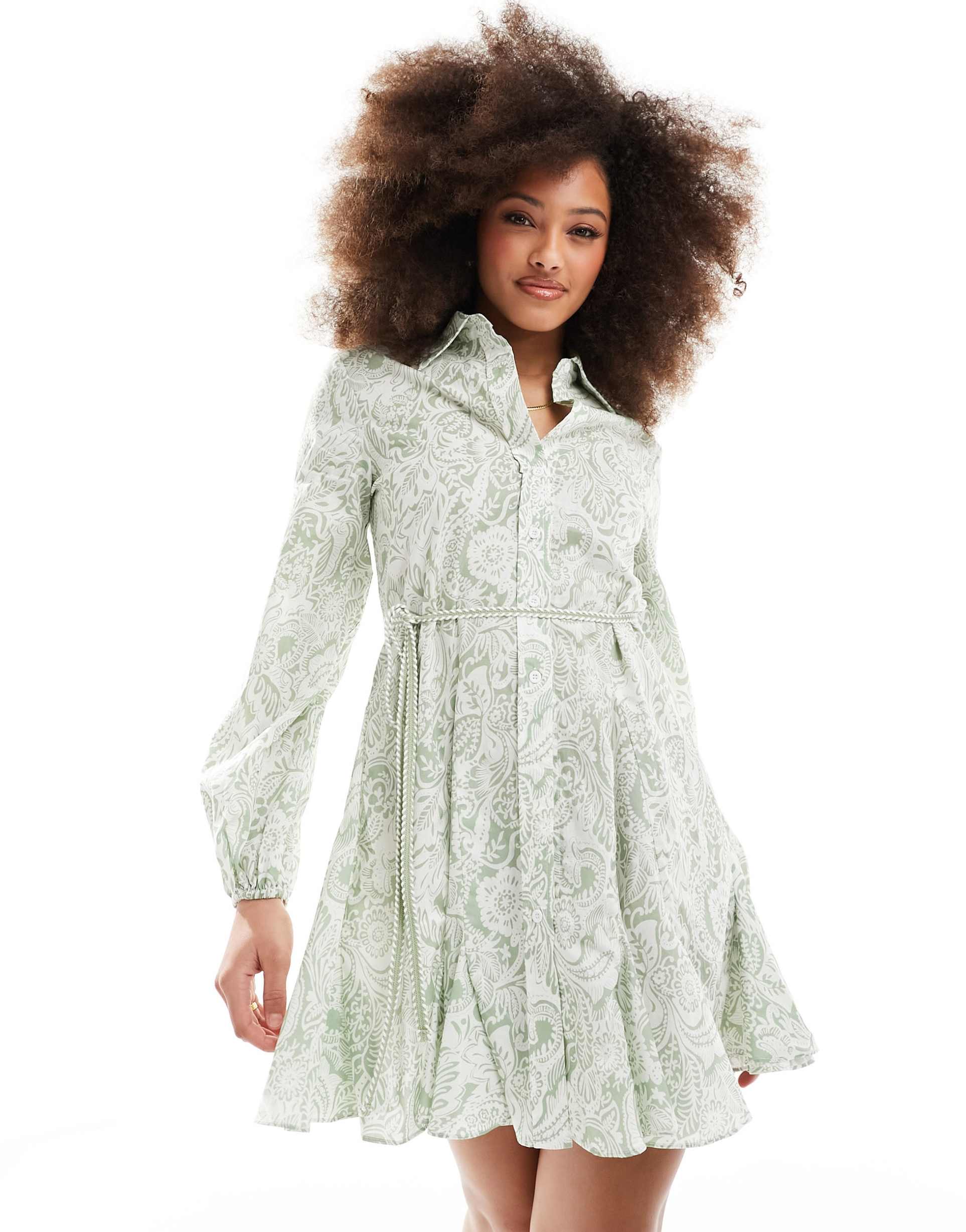 style cheat rope tie mini dress in green print