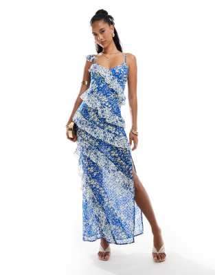 ruffle cami maxi dress in blue & cream floral print-Multi