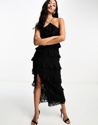 Style Cheat ruffle maxi dress with split in black lace - ASOS Price Checker