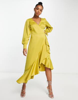 Style Cheat ruffle wrap midi dress in chartreuse-Green