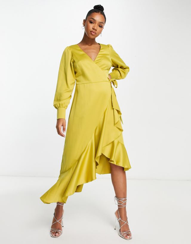 Style Cheat ruffle wrap midi dress in chartreuse