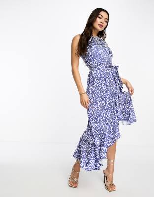 Style Cheat ruffle wrap midi dress in cobalt spot print