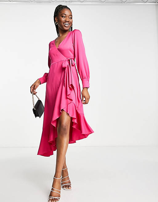 Style Cheat ruffle wrap midi dress in pink