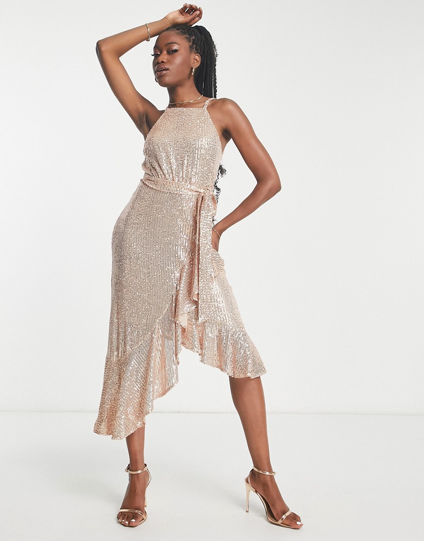 Style Cheat ruffle wrap midi dress in rose gold sequin