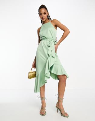 ruffle wrap satin midi dress in sage green