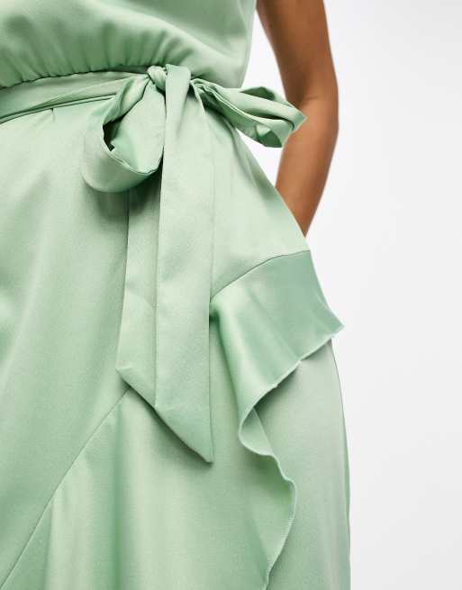 Sage Green Twist Neck Button Satin Midi Dress