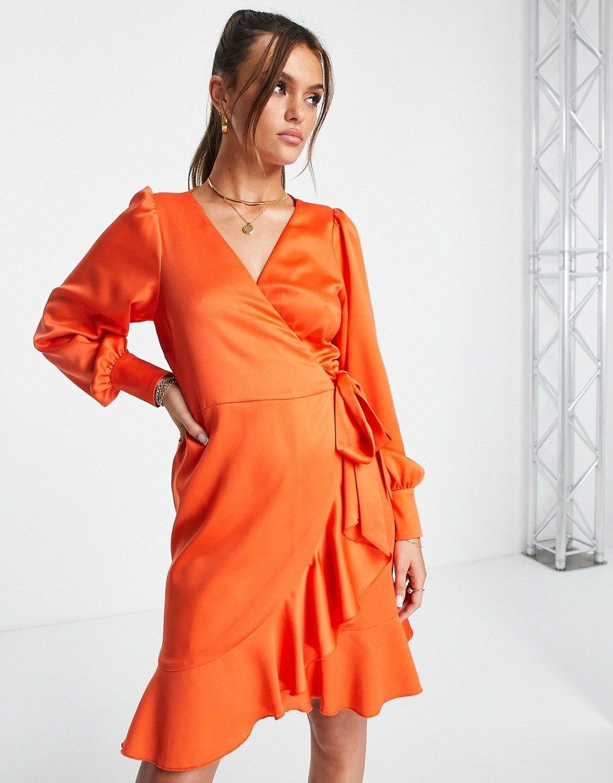 ruffle wrap satin mini dress in tangerine-Orange