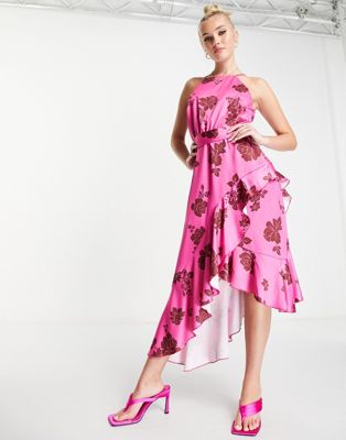 Style Cheat ruffle wrap tie midi dress in bright pink floral