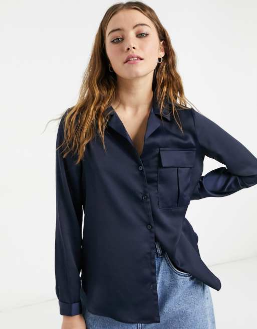 Satin button store down blouse