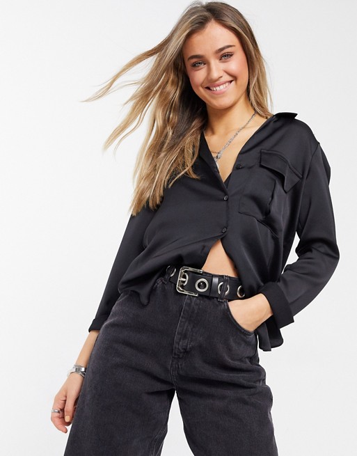 Style Cheat satin button up blouse in black