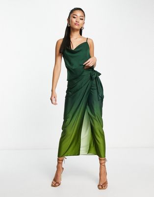 Style Cheat satin cami top co-ord in green