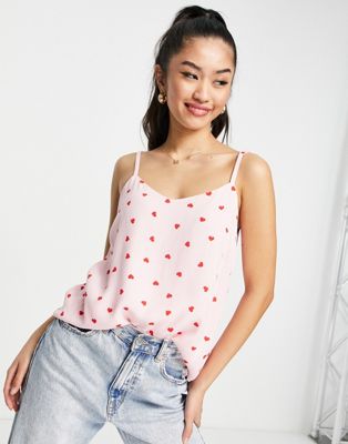 Style Cheat satin cami top co-ord in pink and red heart print