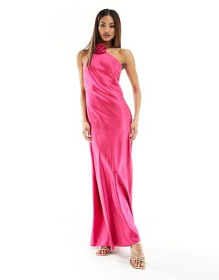 Style Cheat satin corsage halter neck maxi dress in hot pink - ASOS Price Checker
