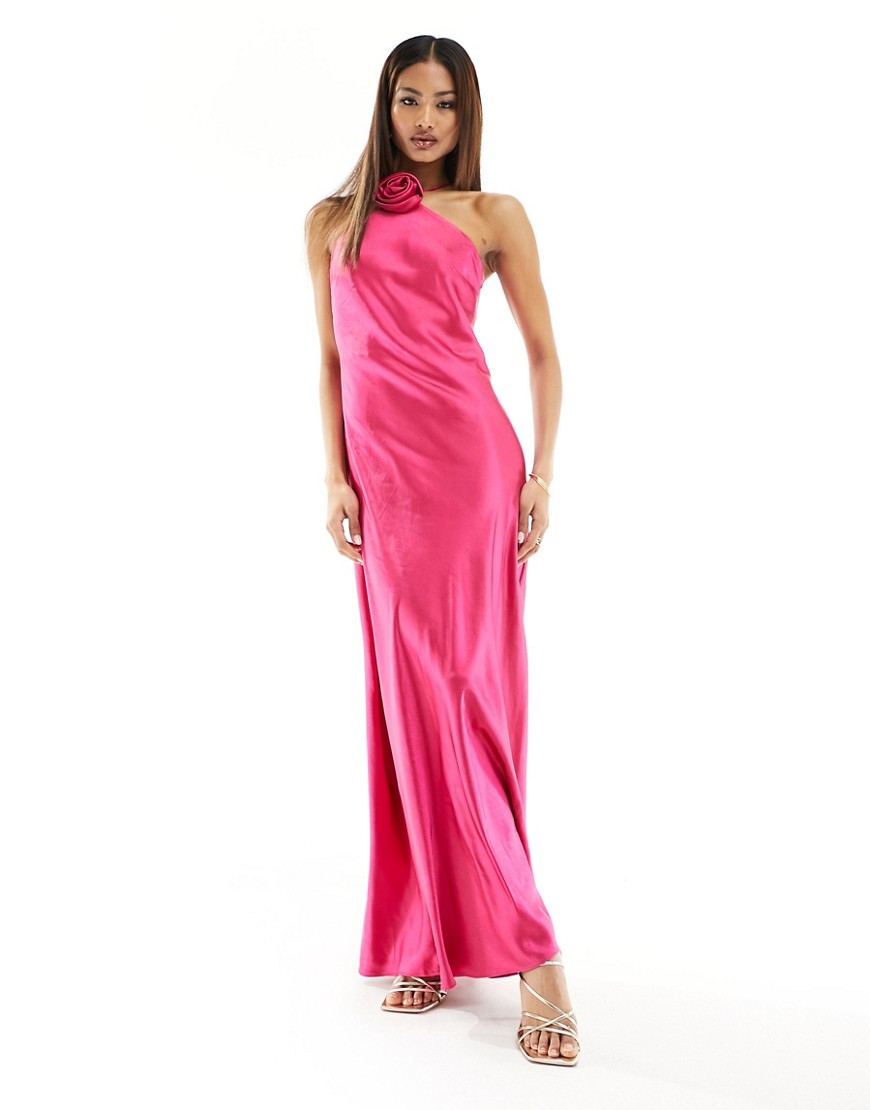 Style Cheat satin corsage halter neck maxi dress in hot pink