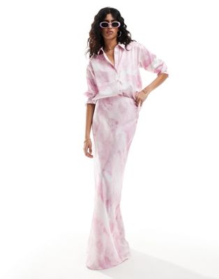 Style Cheat satin maxi skirt in pink smudge print co-ord