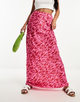satin maxi skirt in red and pink leopard