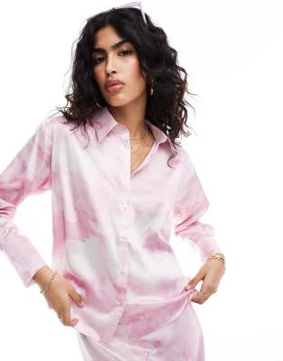 Style Cheat Satin Oversized Shirt In Prink Smudge Print - Part Of A Set-multi