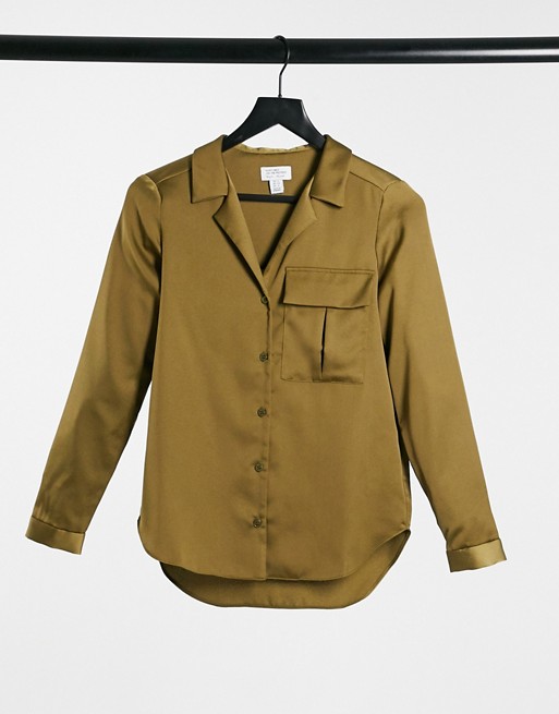 Style Cheat satin shirt with pocket detail in khaki