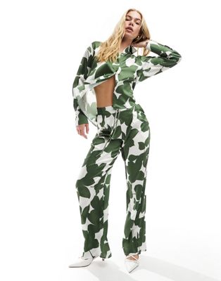 Style Cheat satin wide leg trousers in green print co-ord