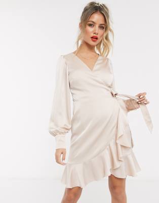 satin wrap frill dress