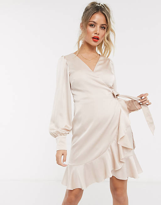 Style Cheat satin wrap front frill detail mini dress in champagne | ASOS