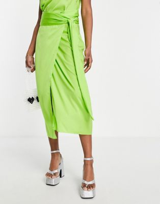Style Cheat satin wrap midi skirt co-ord in lime green