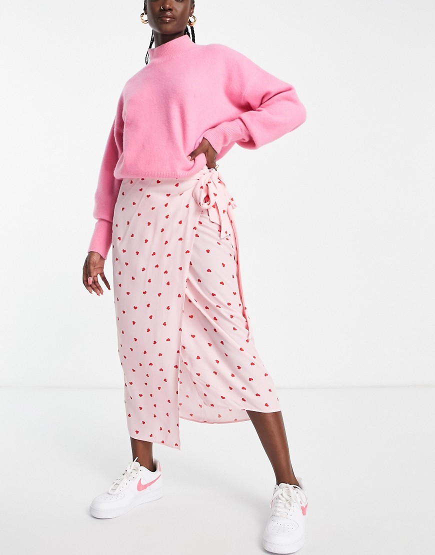 Style Cheat satin wrap midi skirt in pink and red heart print - part of a set-Multi