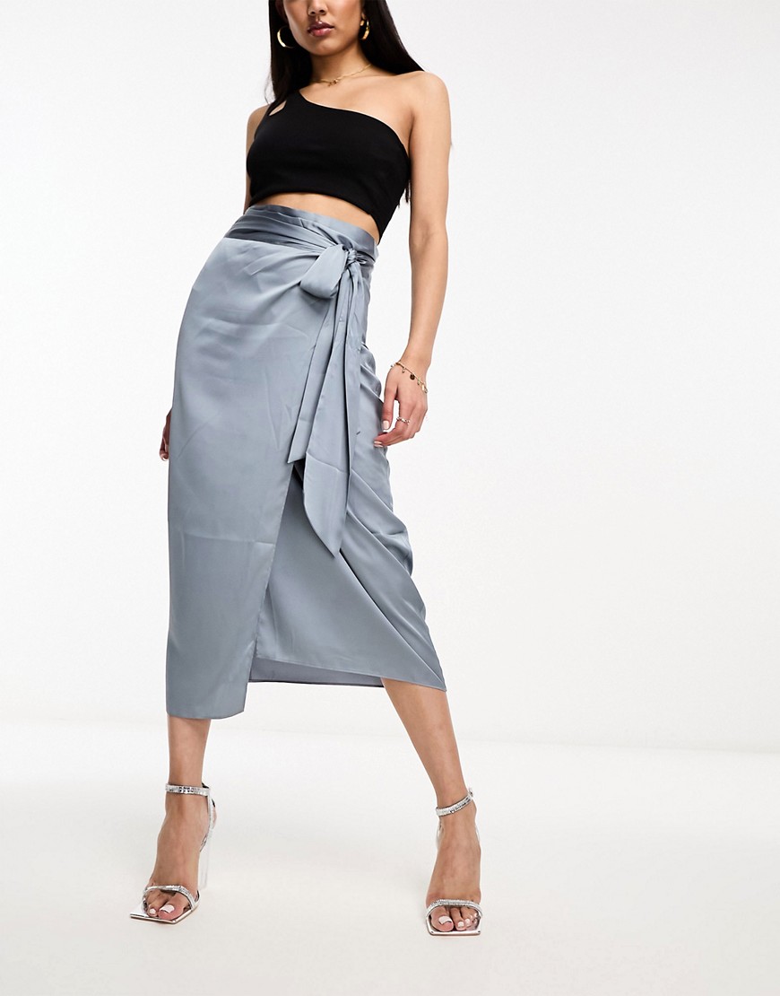 Style Cheat Satin Wrap Midi Skirt In Slate Blue - Part Of A Set