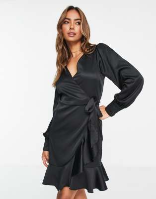 black satin wrap mini dress