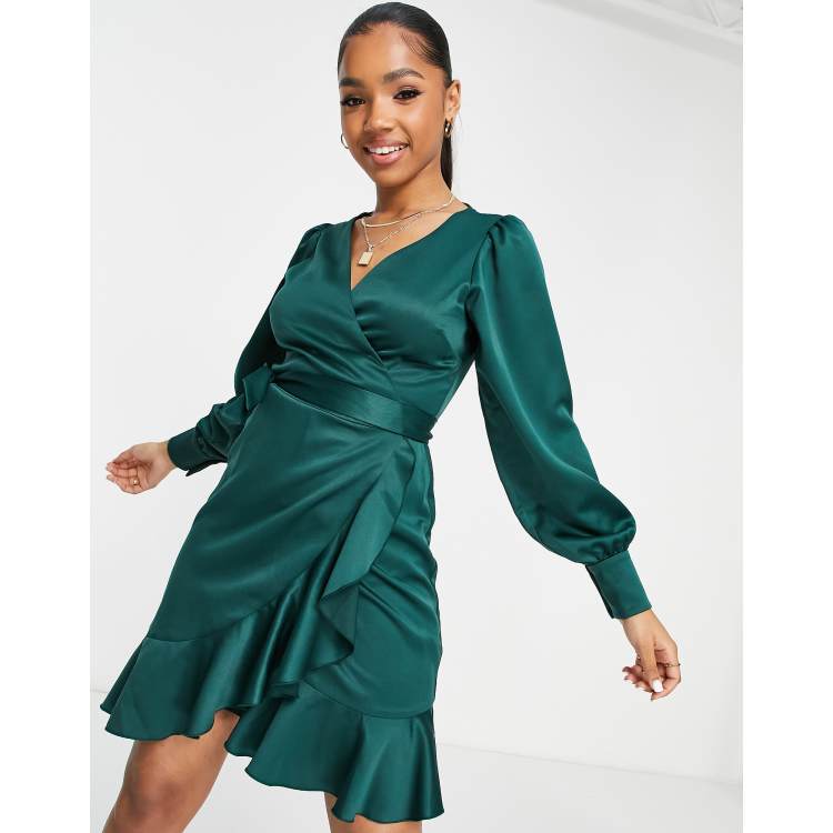 Style Cheat satin wrap mini dress in emerald