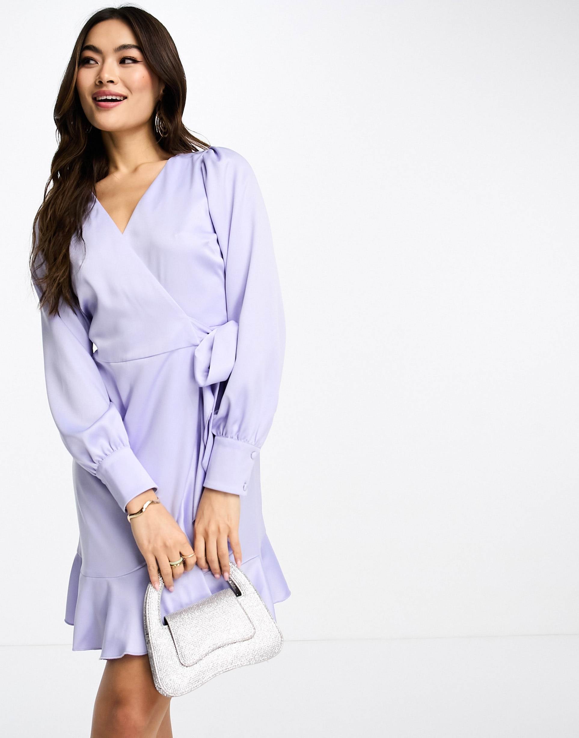 style cheat satin wrap mini dress in lilac