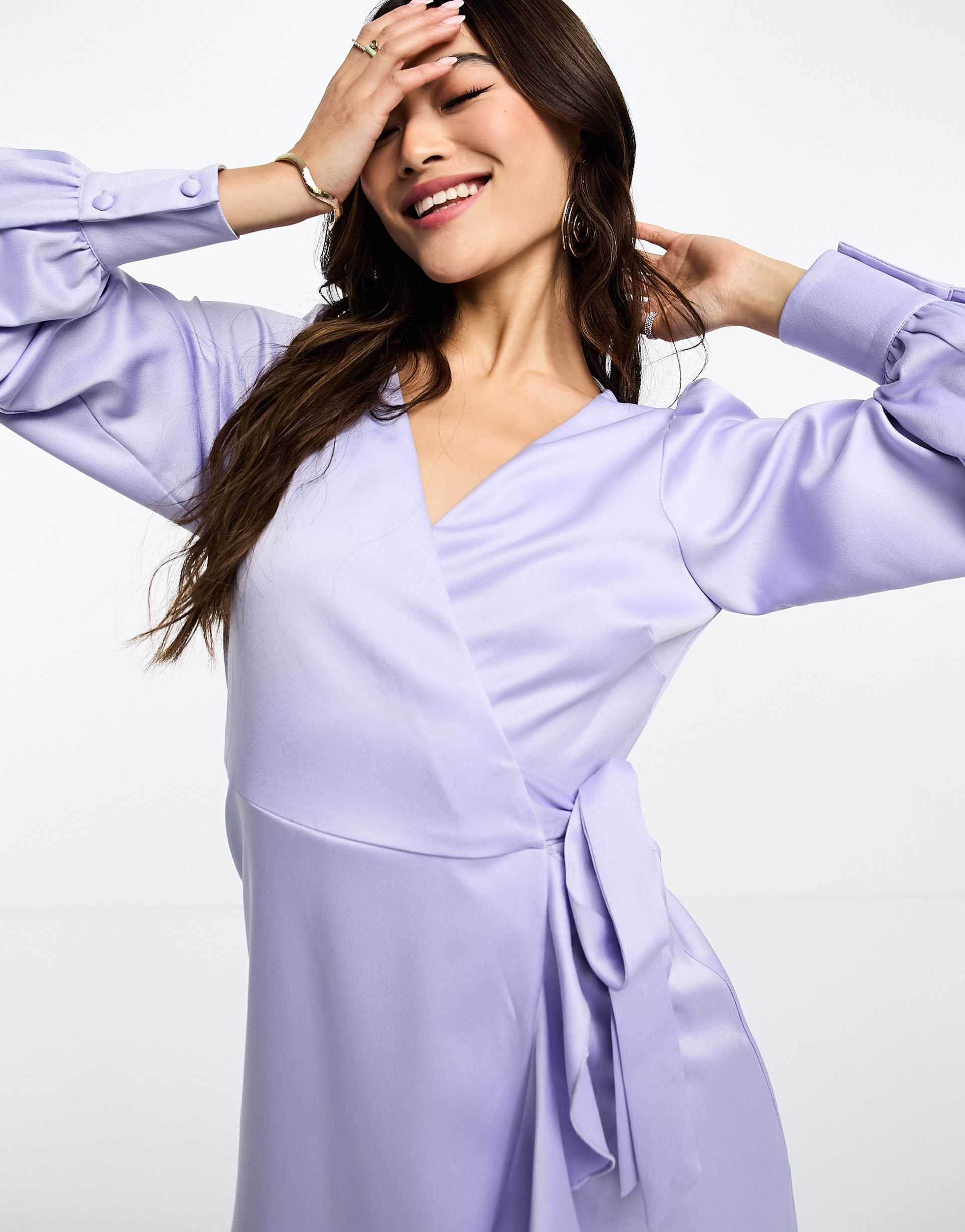 style cheat satin wrap mini dress in lilac