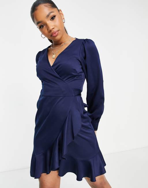 Style Cheat satin wrap mini dress in navy