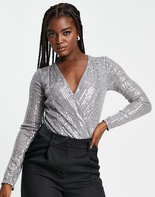 Style Cheat sequin bodysuit in silver